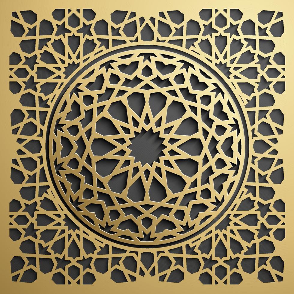 tarjeta de felicitación de ramadán kareem. patrón islámico circular, oro sobre adorno negro. elegante mandala brillante. vector
