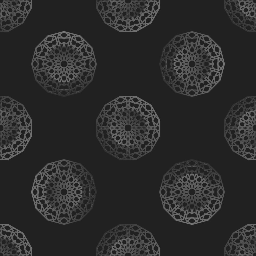 Seamless islamic pattern with radial ornament in moroccan style. Mettalic pattern on dark background. Abstract geometric ornament vector. vector