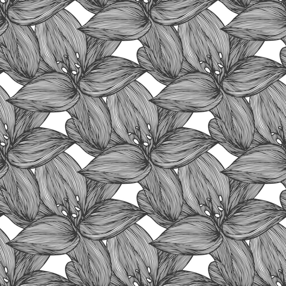 Floral vector background black and white. Linear lily flower line seamless pattern for textile design. Vector seamless black and white flower pattern.