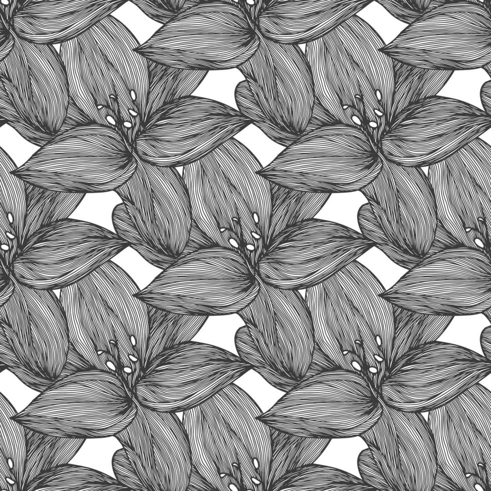 Floral vector background black and white. Linear lily flower line seamless pattern for textile design. Vector seamless black and white flower pattern.