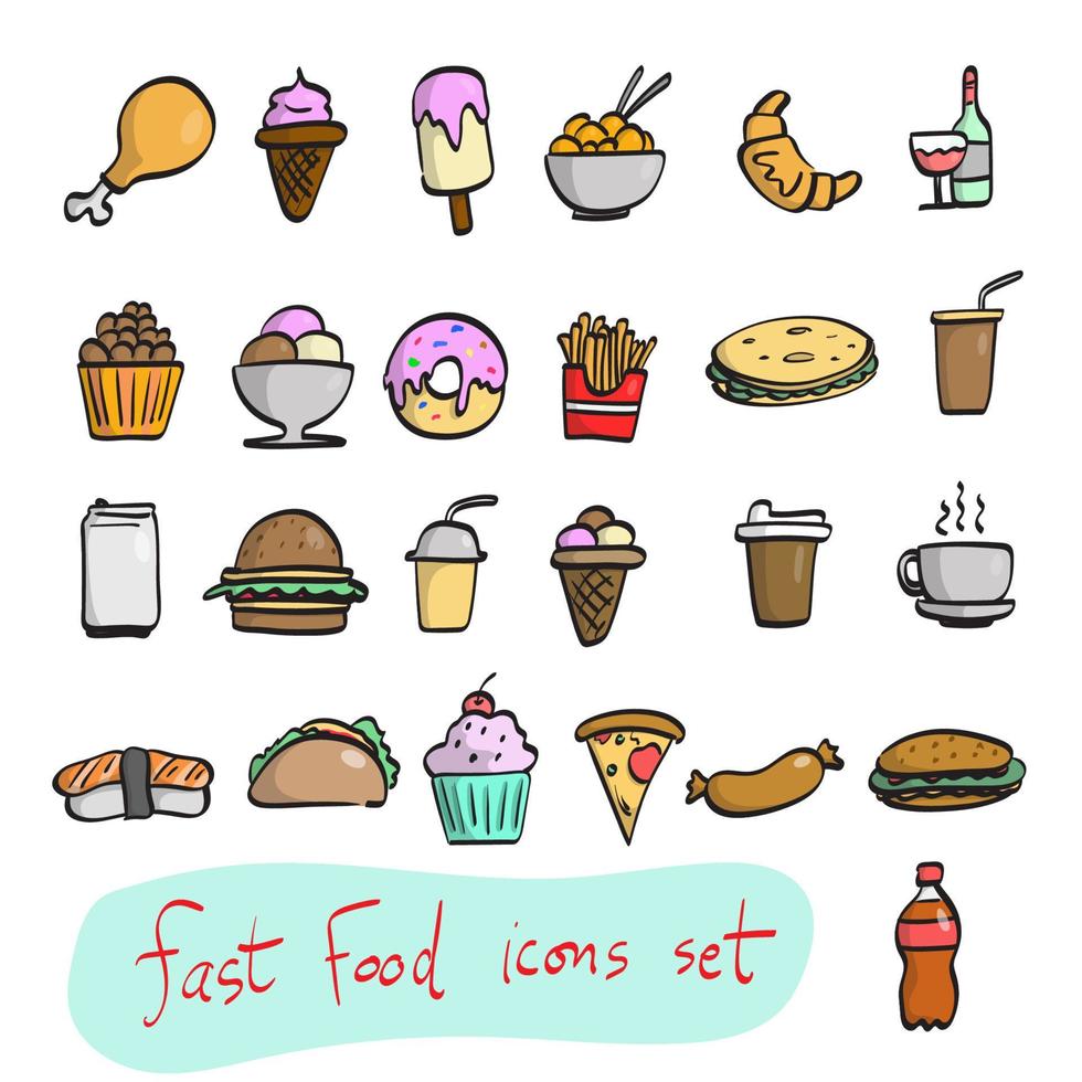colorido conjunto de iconos de comida rápida poco saludable ilustración vector dibujado a mano aislado sobre fondo blanco