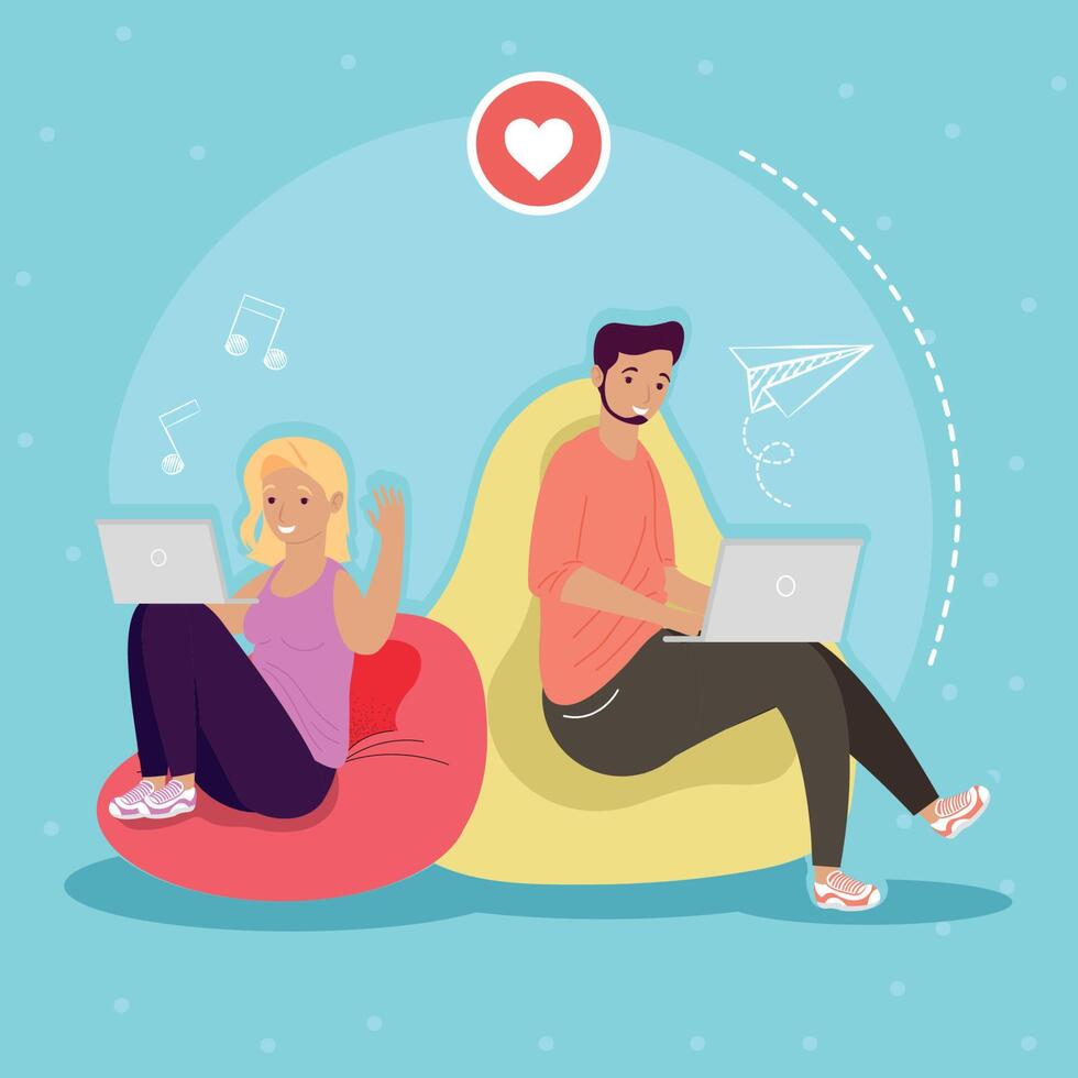 couple studing with laptops vector