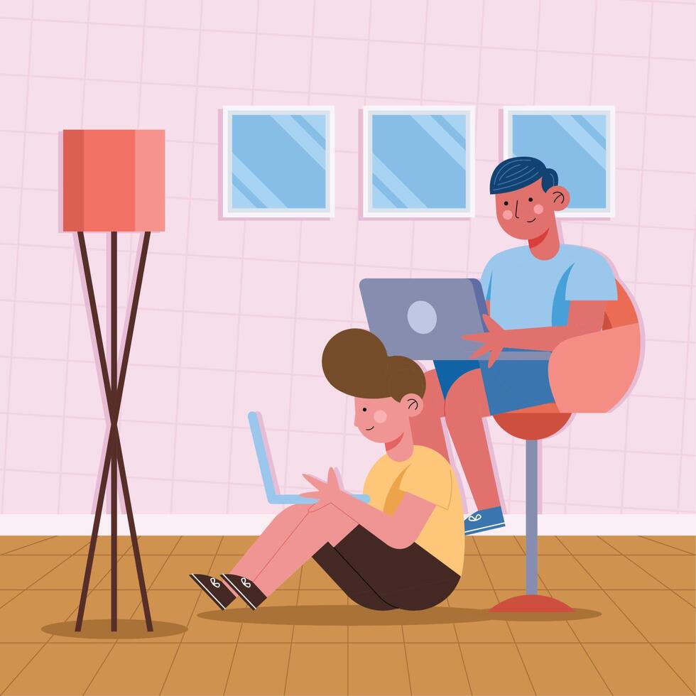 little students boys with laptops vector