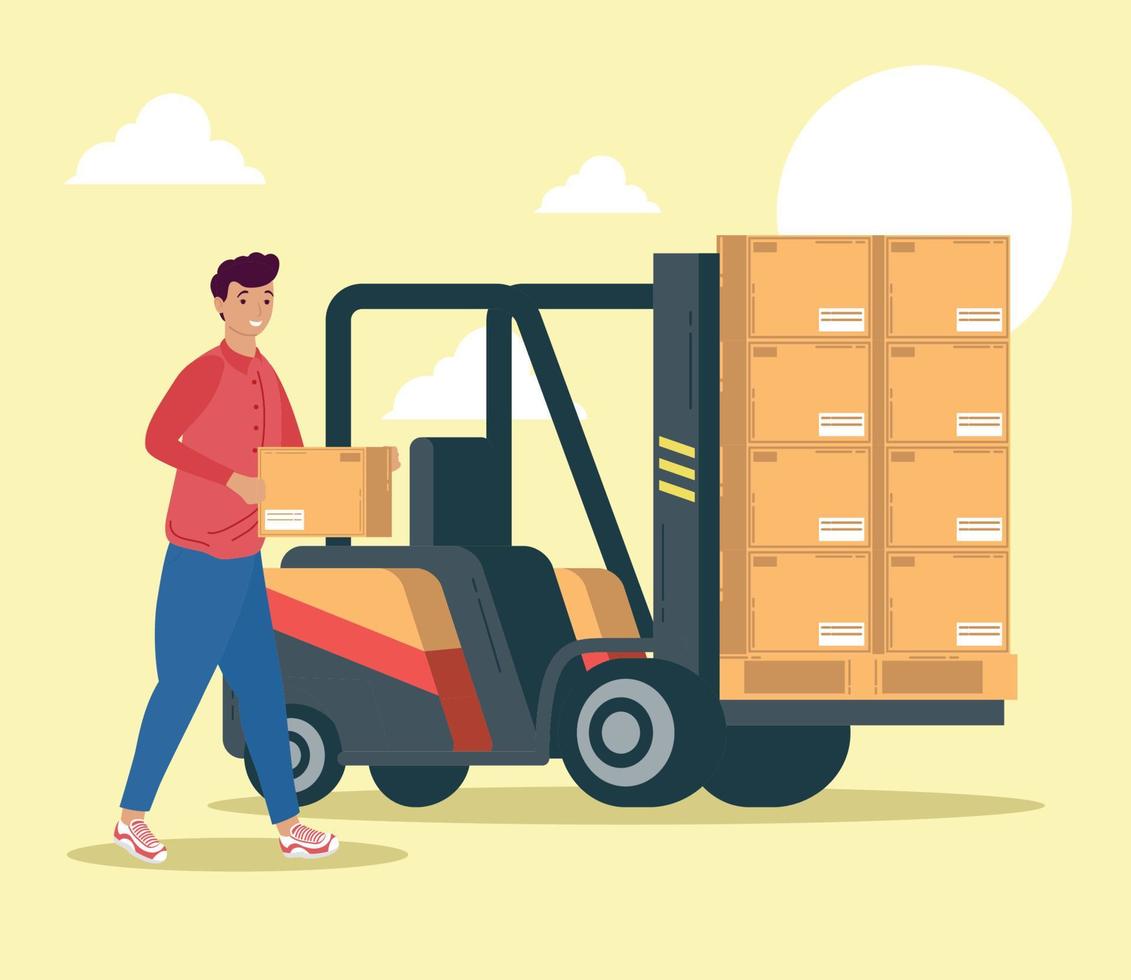 worker with forklift and boxes vector