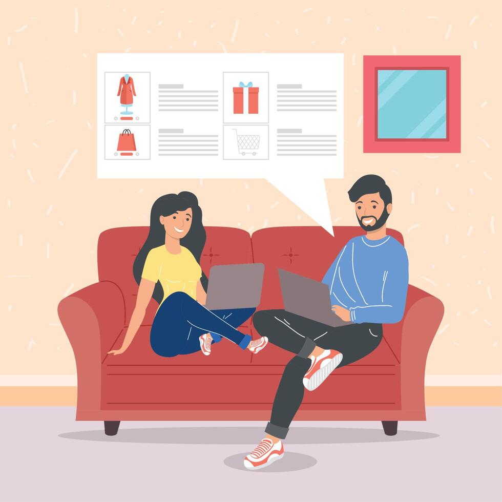 couple shopping online in livingroom vector