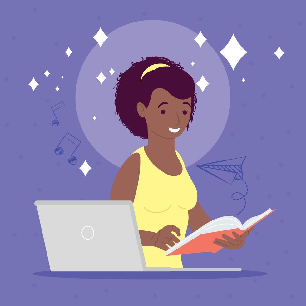 afro woman studing with laptop vector