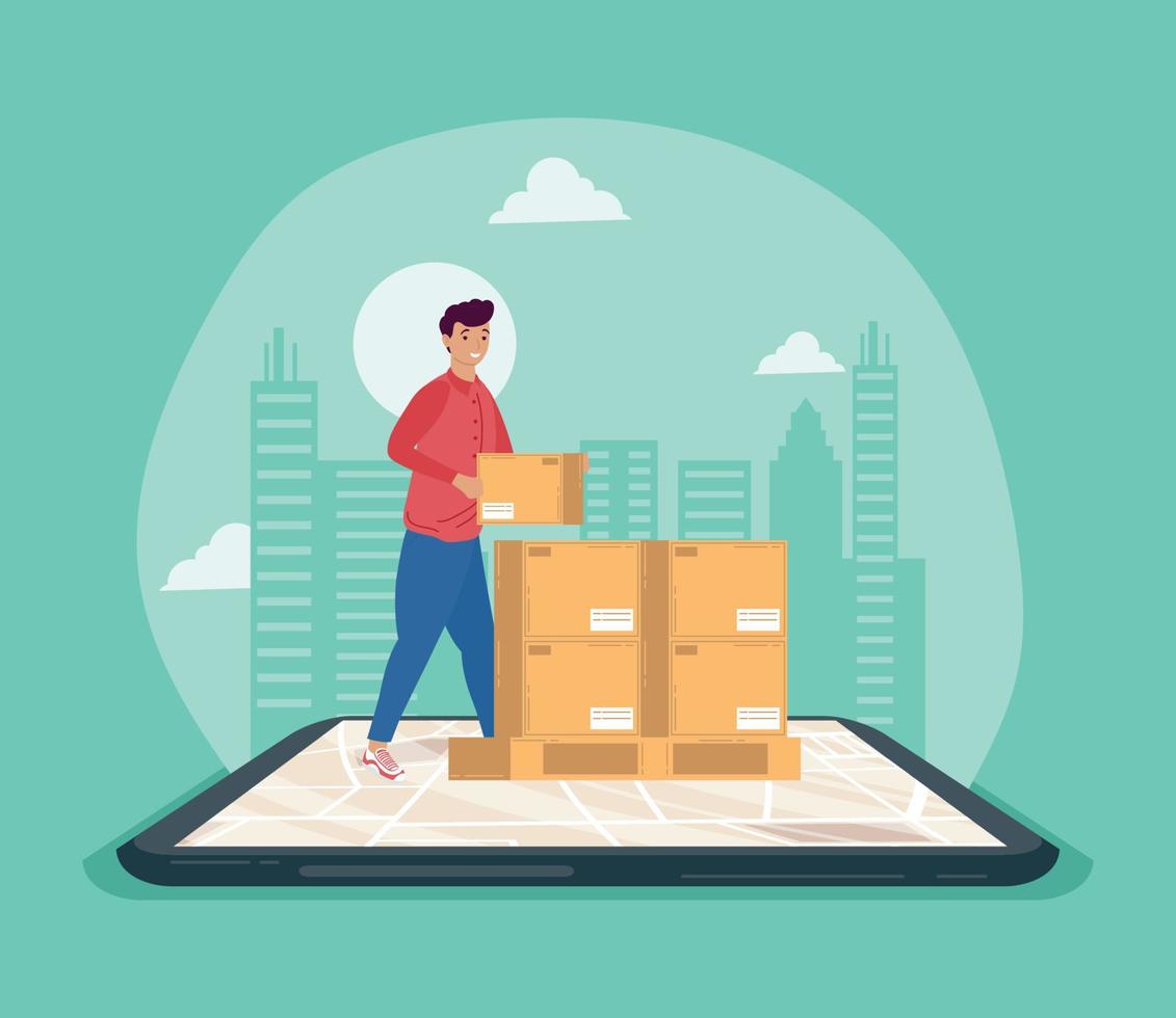 boxes and courier in smartphone vector