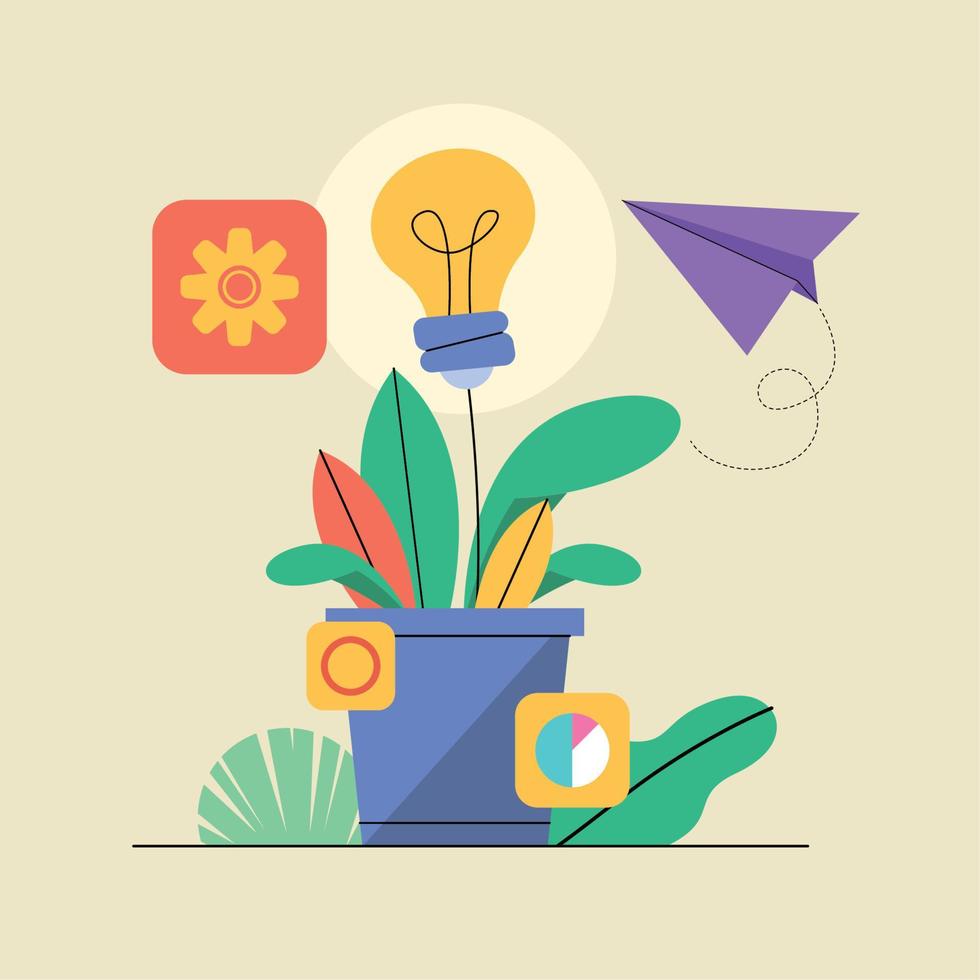 houseplant with bulb and icons vector