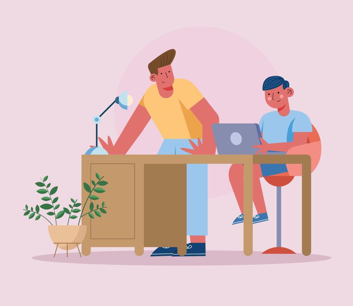 dad and son studing online vector