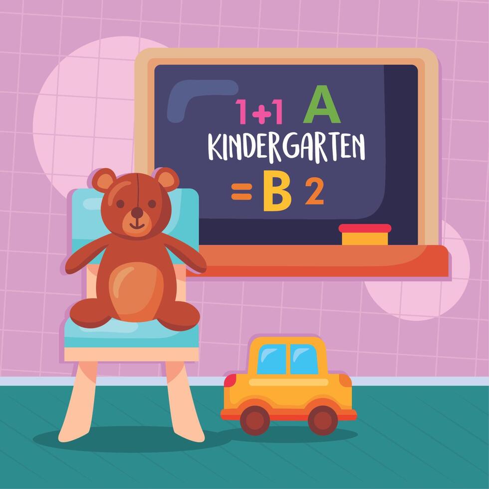 kindergarten lettering in chalkboard and toys vector
