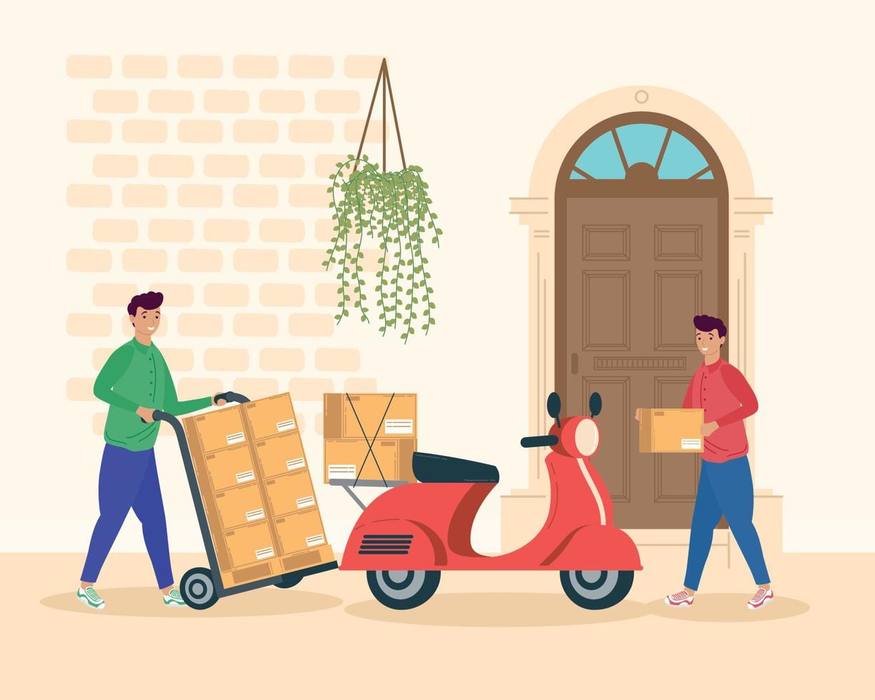 delivery workers and motorcycle vector