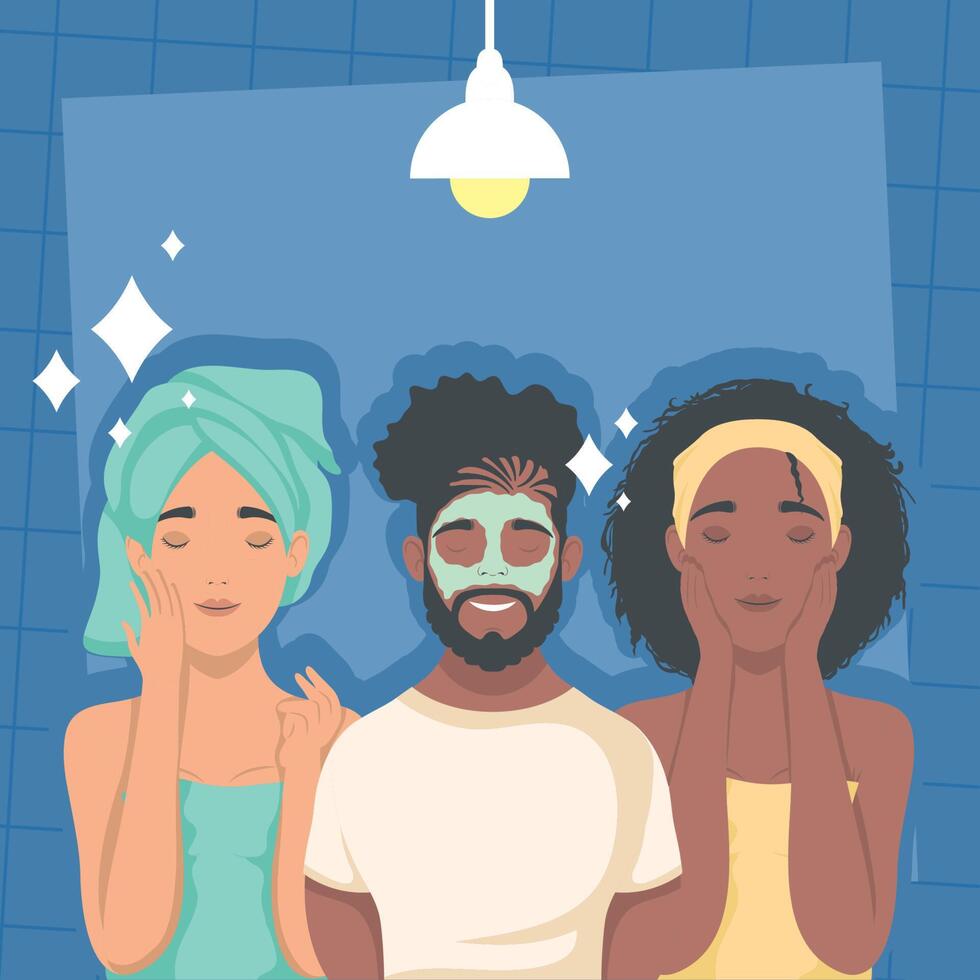 interracial persons with skincare masks vector