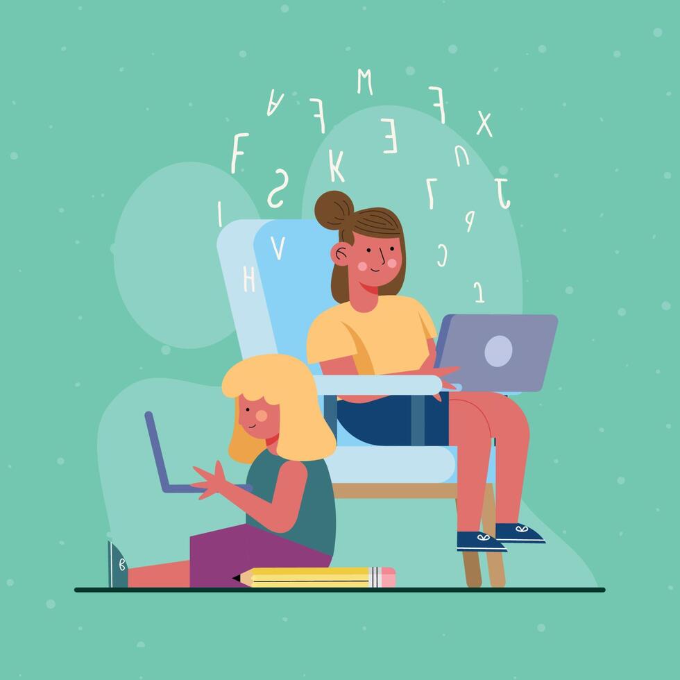 little students girls with laptops vector
