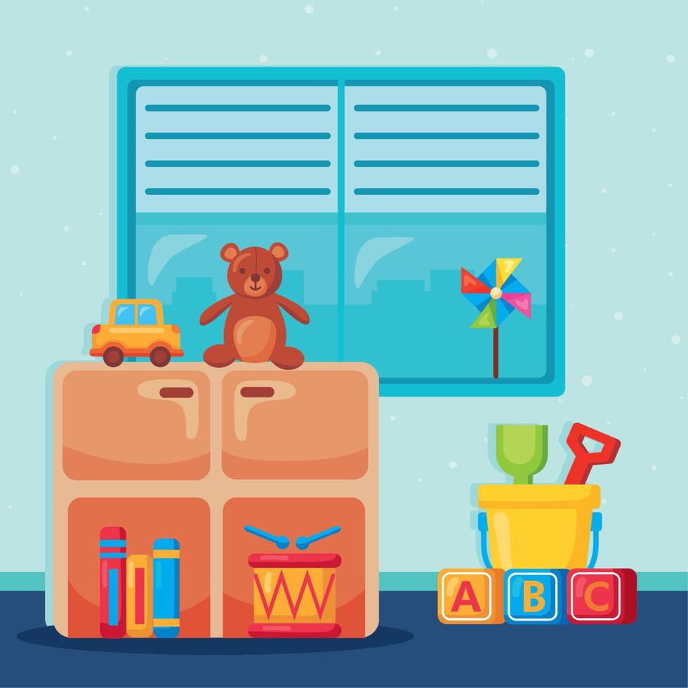 kidergarten shelving and toys vector