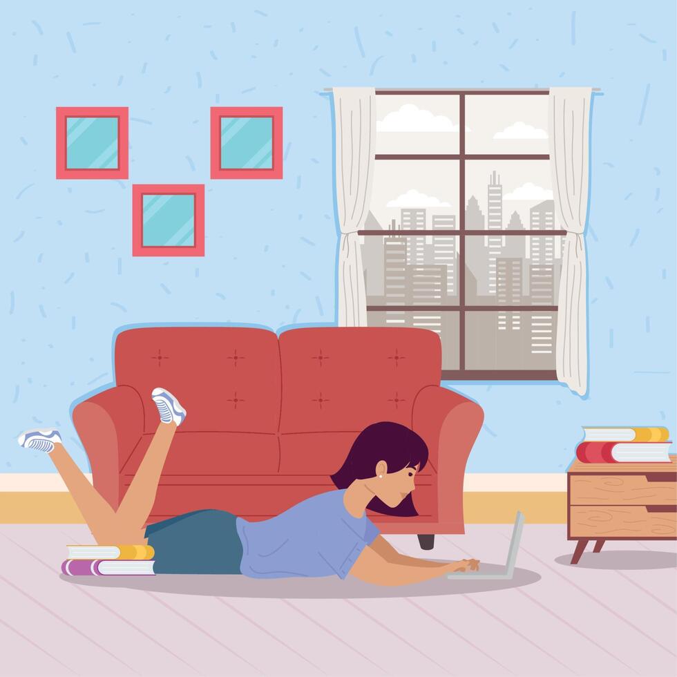 little girl studing with laptop vector