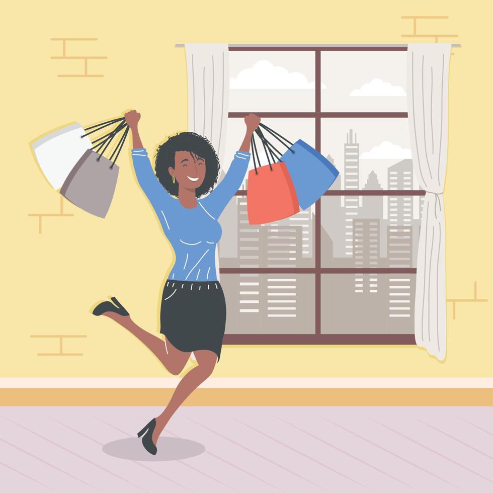 afro lady with shopping bags vector