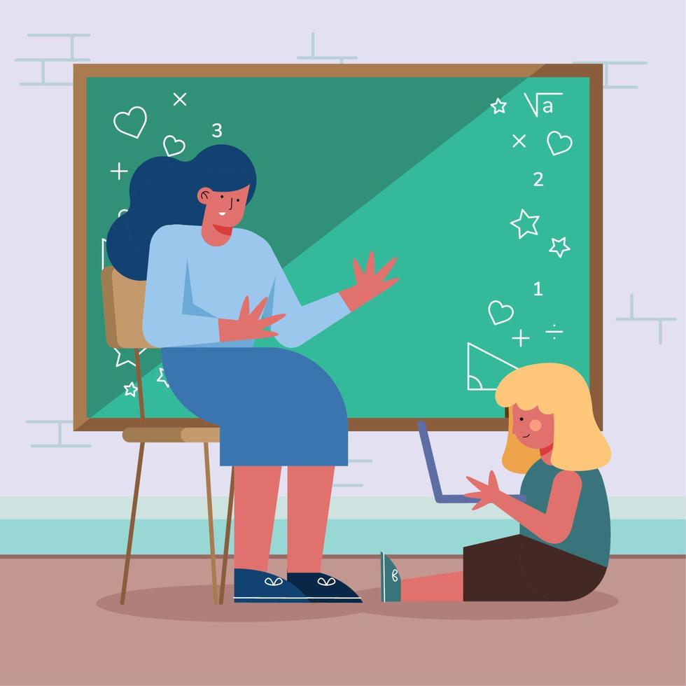 girl using laptop and teacher vector