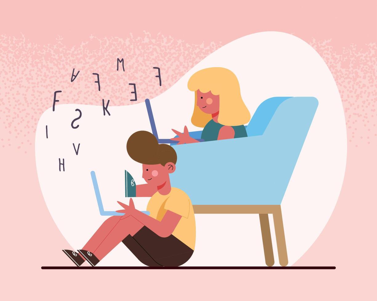 little students couple using laptops vector