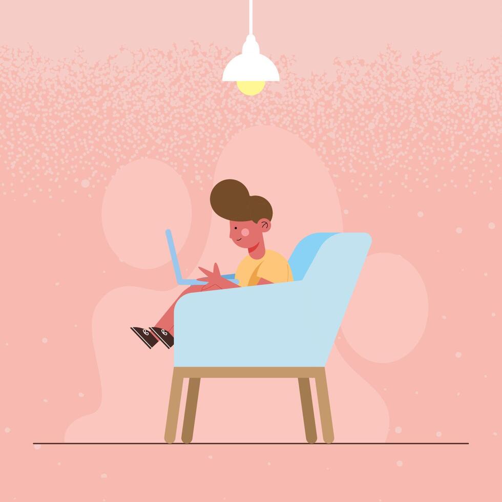 boy in sofa using laptop vector