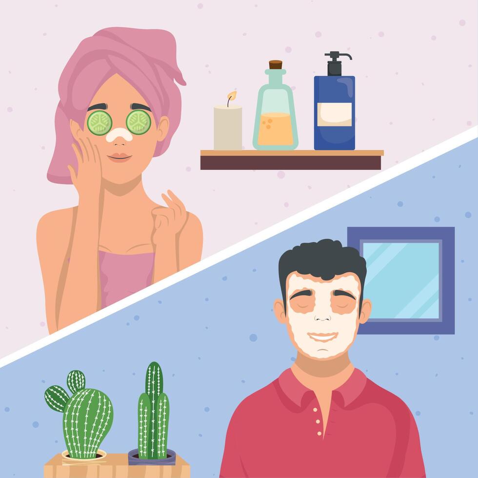 couple with masks scenes vector