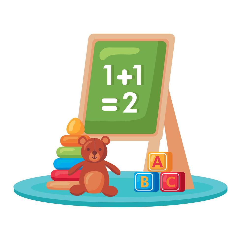 chalkboard and teddy with toys vector