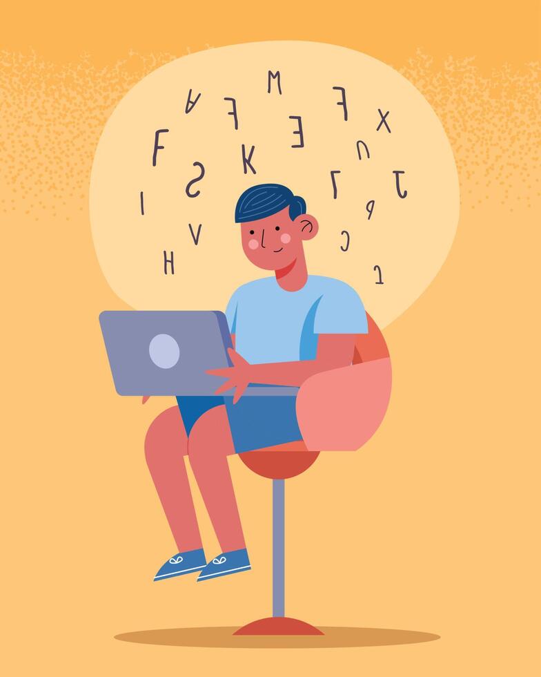 boy seated using laptop vector