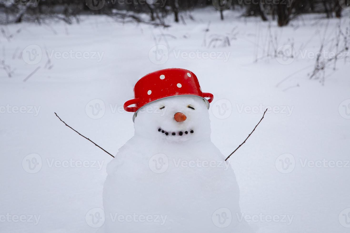 Funny snowman in a red soup pot with white dots instead of a hat, a cute snowman stands in a winter village, snow-covered trees photo