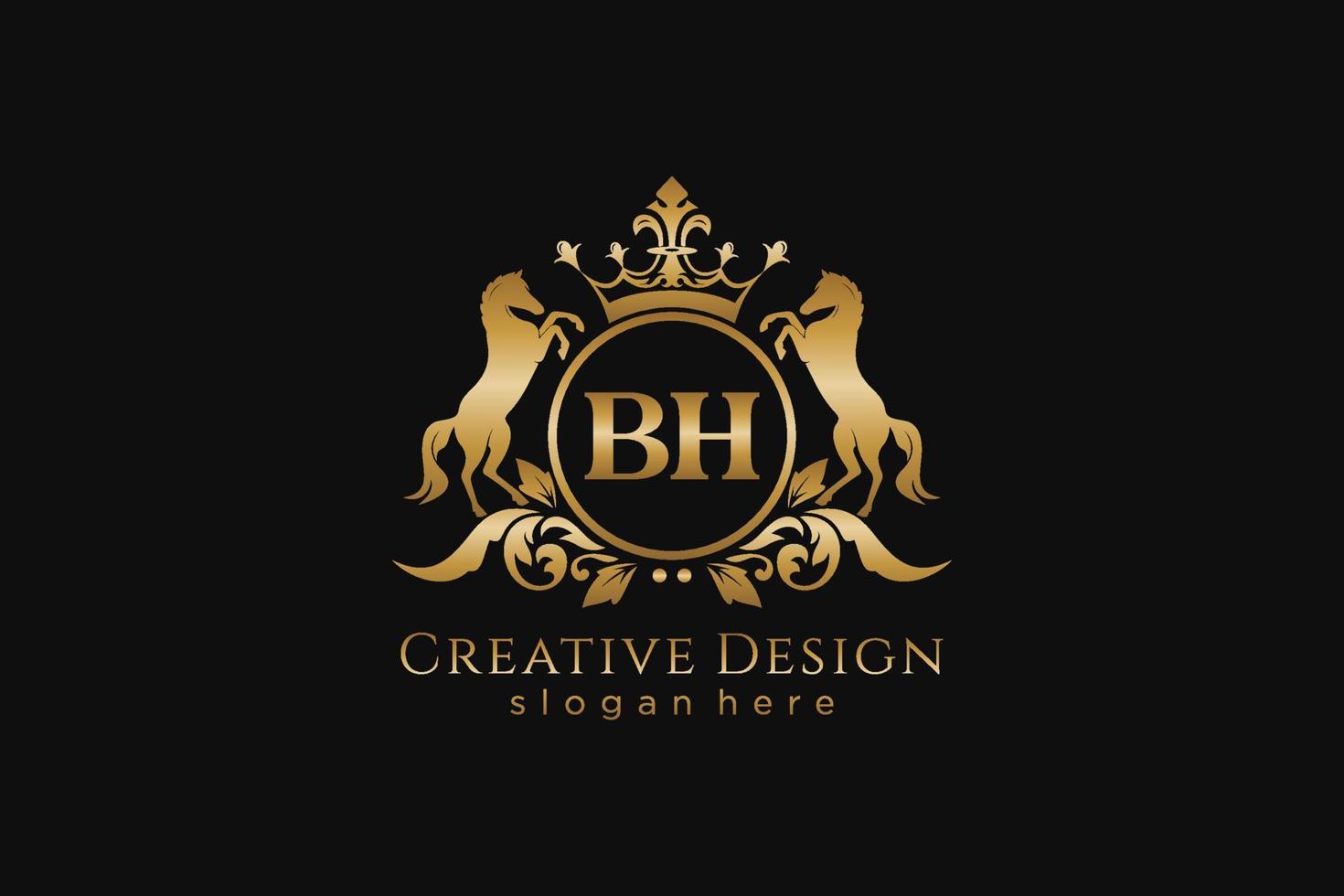 initial BH Retro golden crest with circle and two horses, badge template with scrolls and royal crown - perfect for luxurious branding projects vector