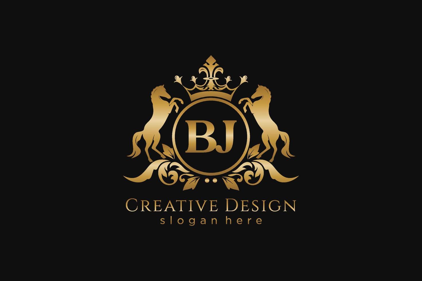 initial BJ Retro golden crest with circle and two horses, badge template with scrolls and royal crown - perfect for luxurious branding projects vector