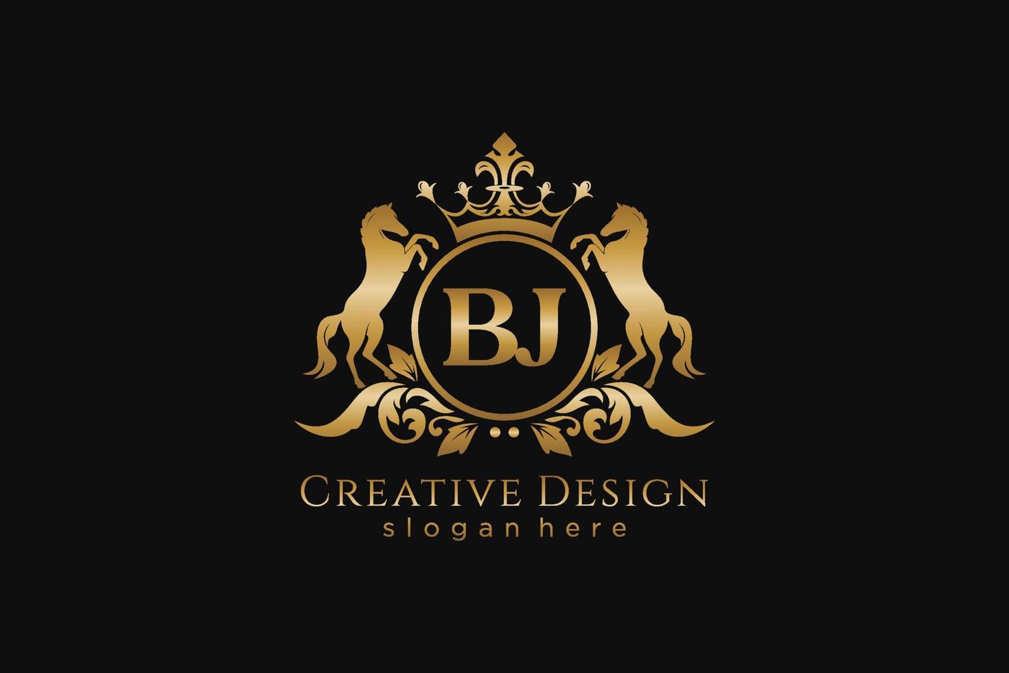 initial BJ Retro golden crest with circle and two horses, badge template with scrolls and royal crown - perfect for luxurious branding projects vector