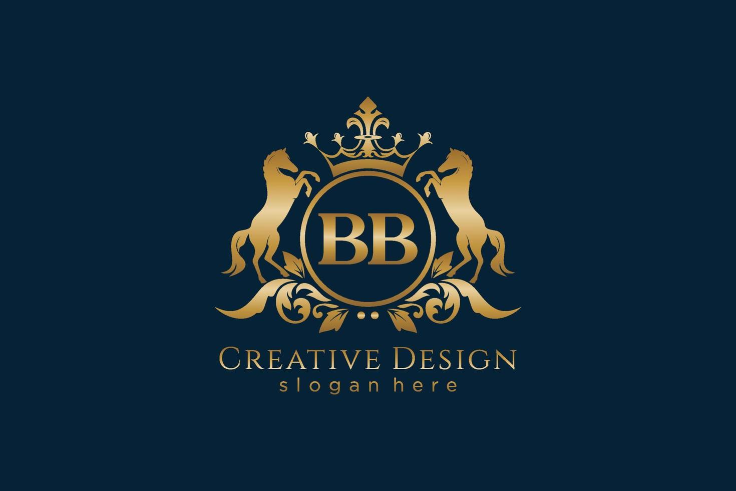 initial BB Retro golden crest with circle and two horses, badge template with scrolls and royal crown - perfect for luxurious branding projects vector