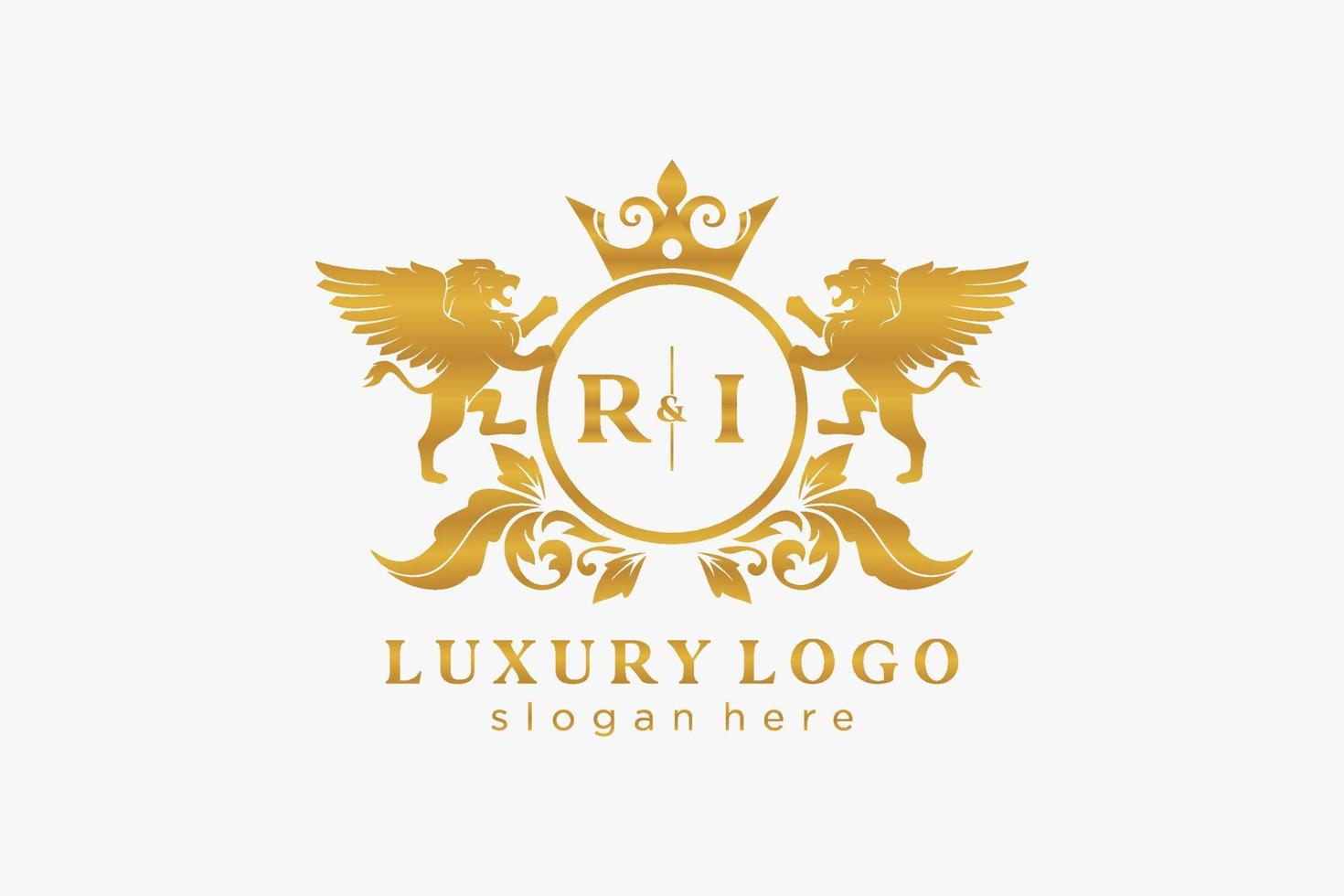 plantilla de logotipo de lujo real de león de letra ri inicial en arte vectorial para restaurante, realeza, boutique, cafetería, hotel, heráldica, joyería, moda y otras ilustraciones vectoriales. vector