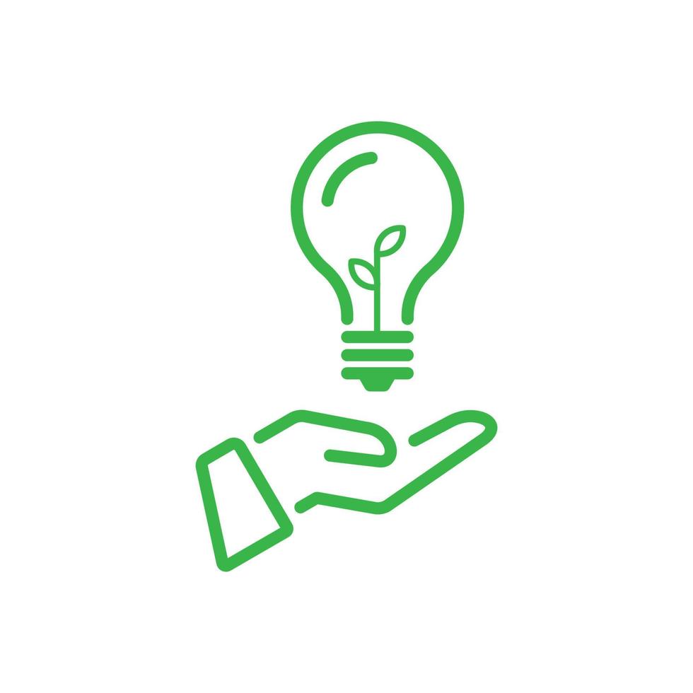 Green energy icon. Human hand holding light bulb with plant inside as a symbol of environmental friendly sources of energy black linear design on white background vector