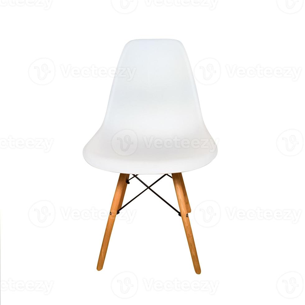 White modern chair with wooden legs. Front view photo