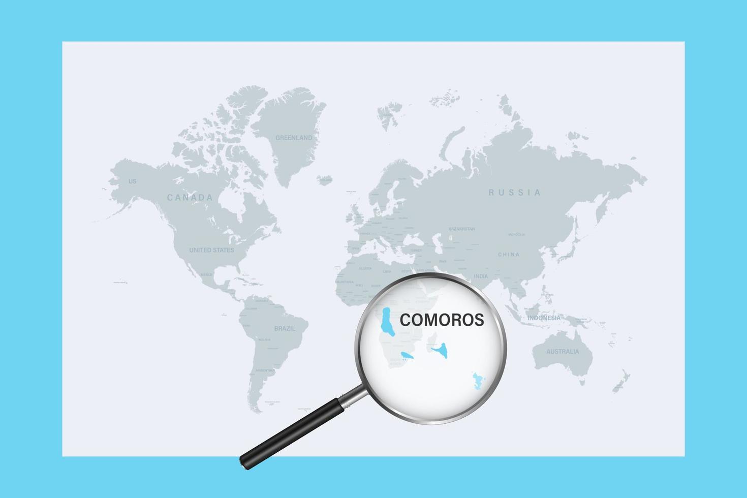 Map of Comoros on political world map with magnifying glass vector
