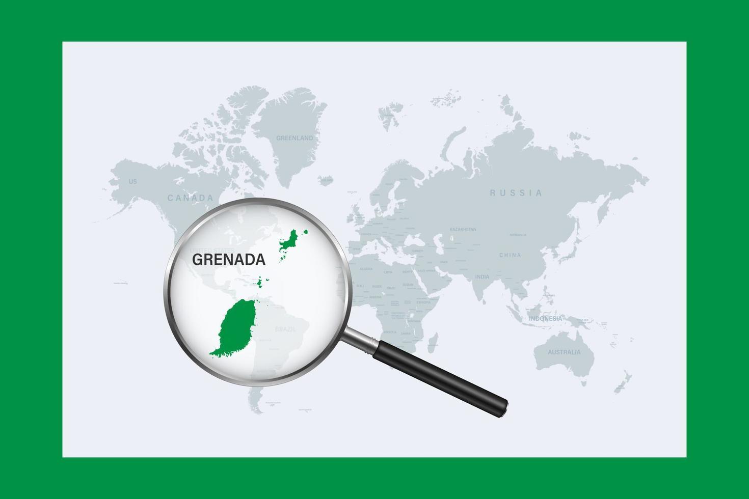 Map of Grenada on political world map with magnifying glass vector