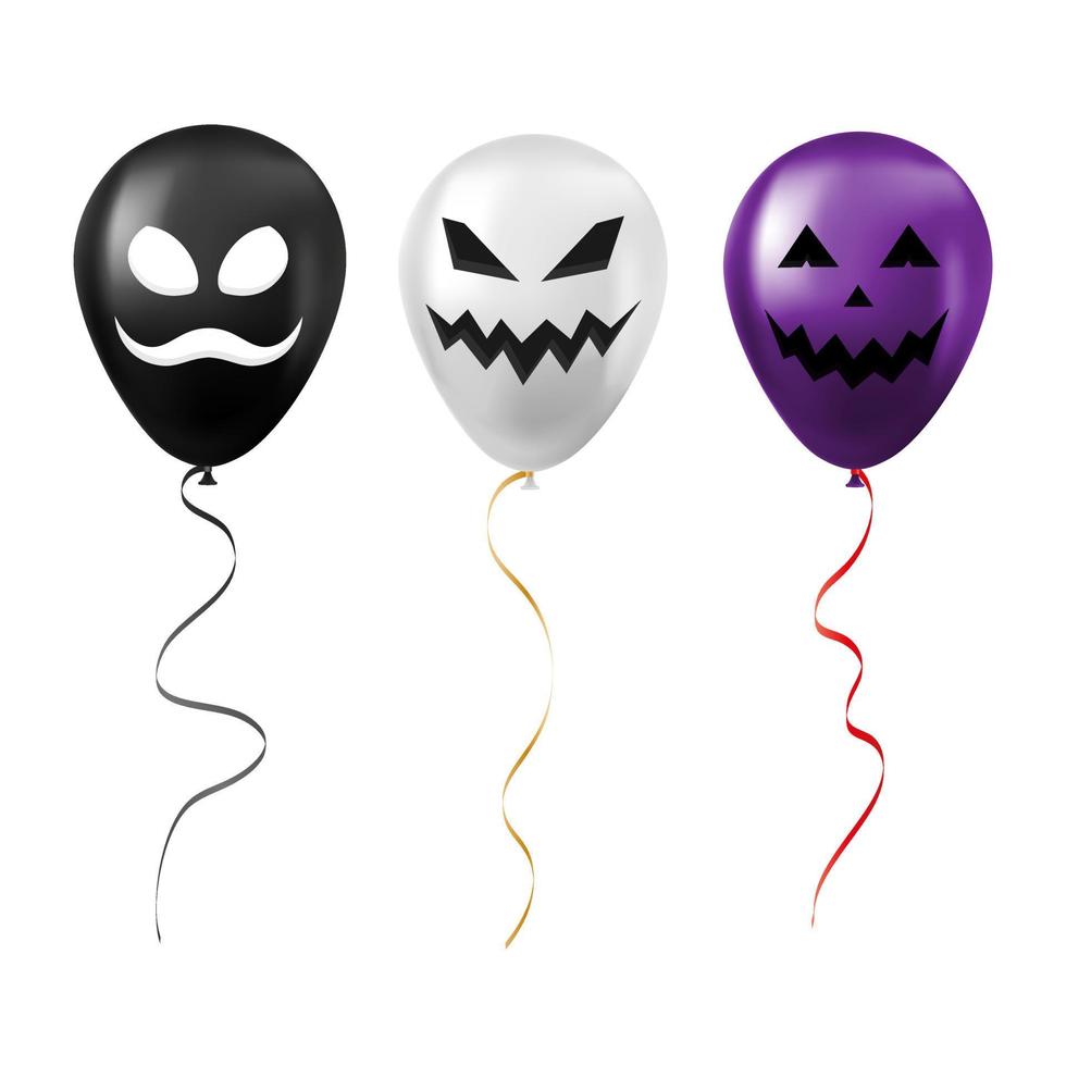 Set of Halloween black, white and purple balloons with scary and funny faces vector