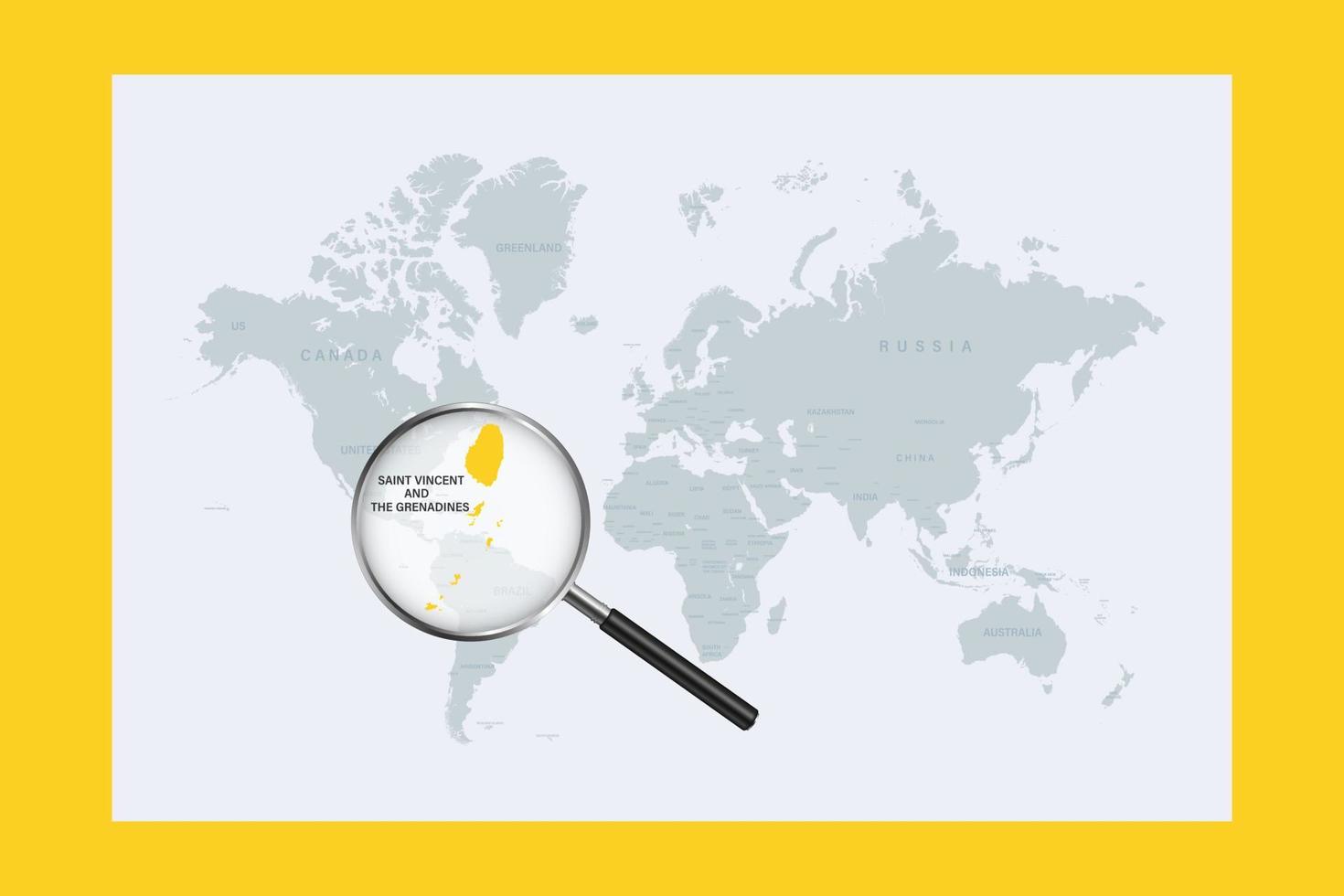 Map of Saint Vincent and the Grenadines on political world map with magnifying glass vector