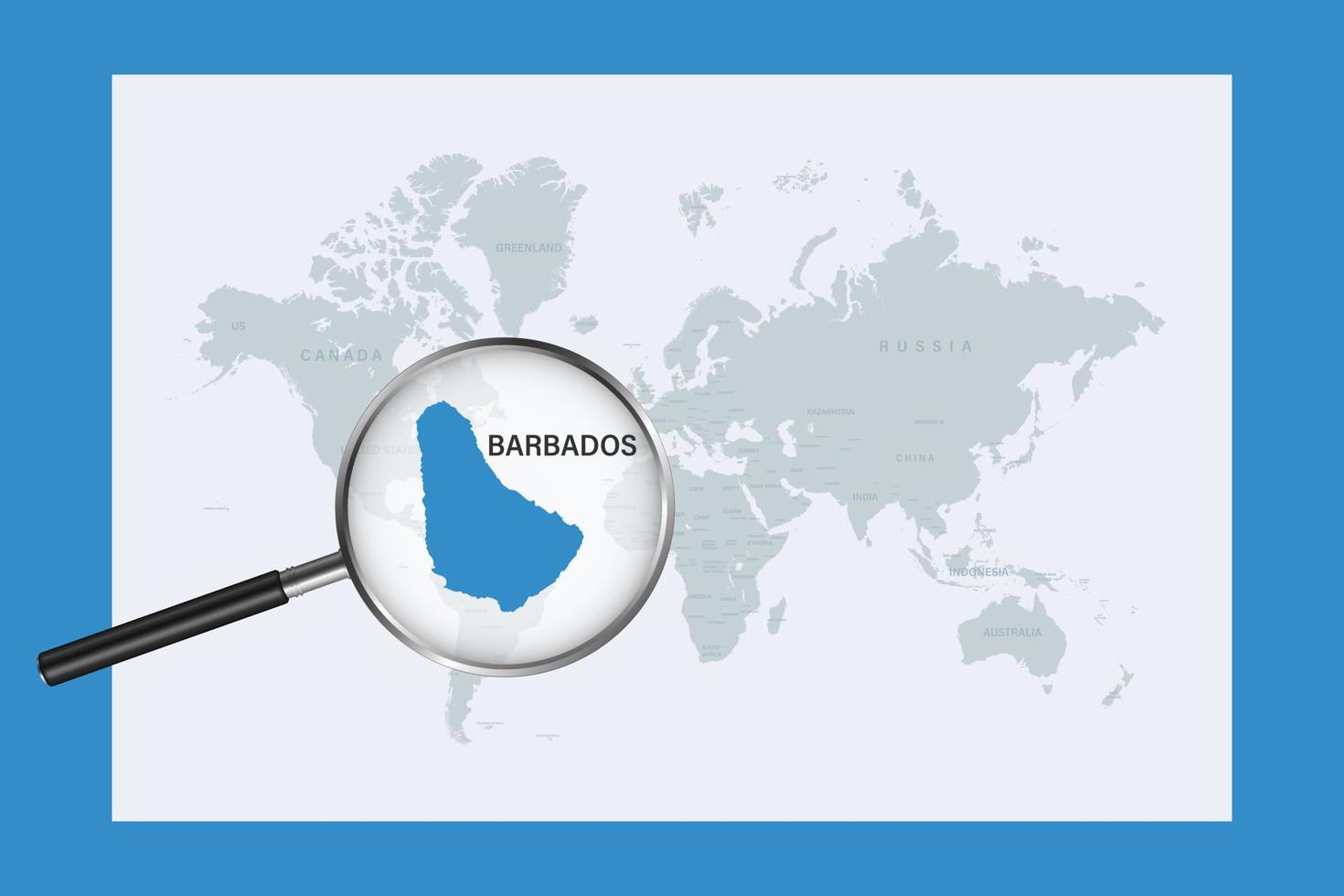 Map of Barbados on political world map with magnifying glass vector