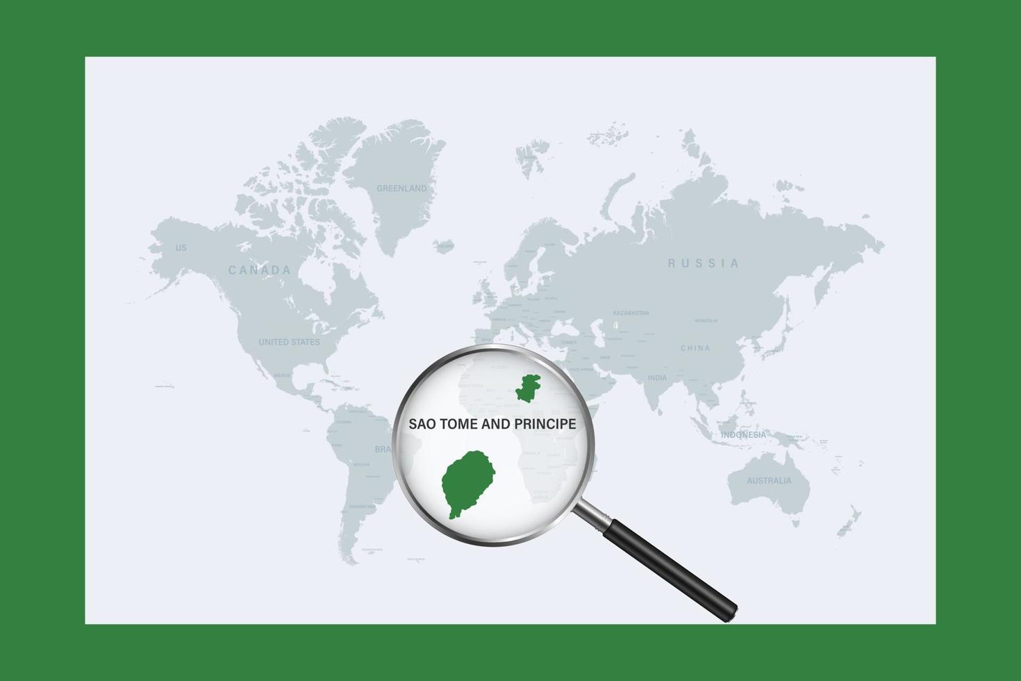 Map of Sao Tome and Principe on political world map with magnifying glass vector