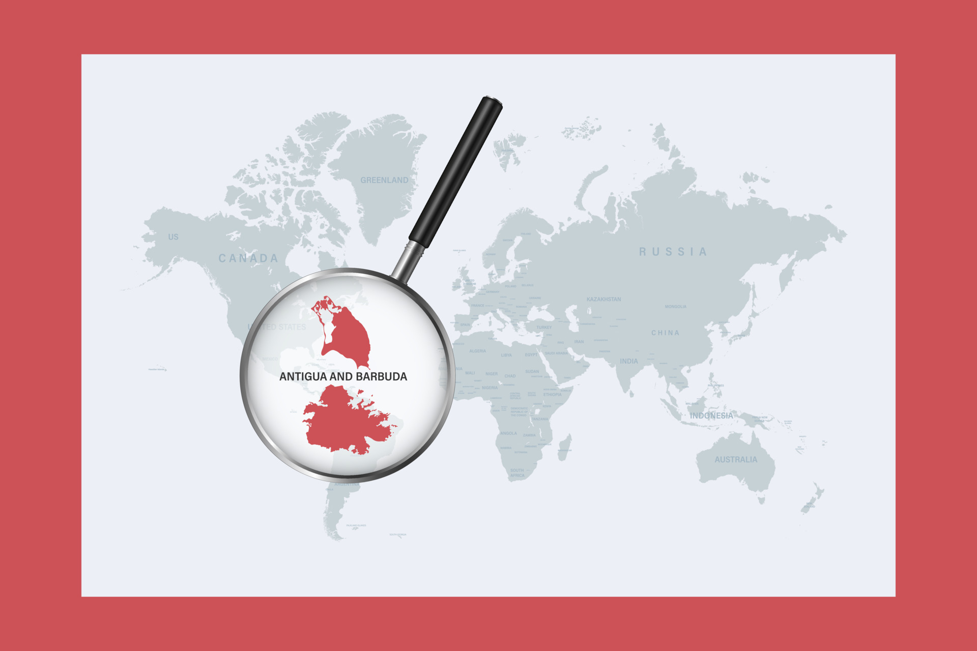 Map Of Antigua And Barbuda On Political World Map With Magnifying Glass Map Of Antigua And Barbuda On Political World Map With Magnifying Glass Vector 