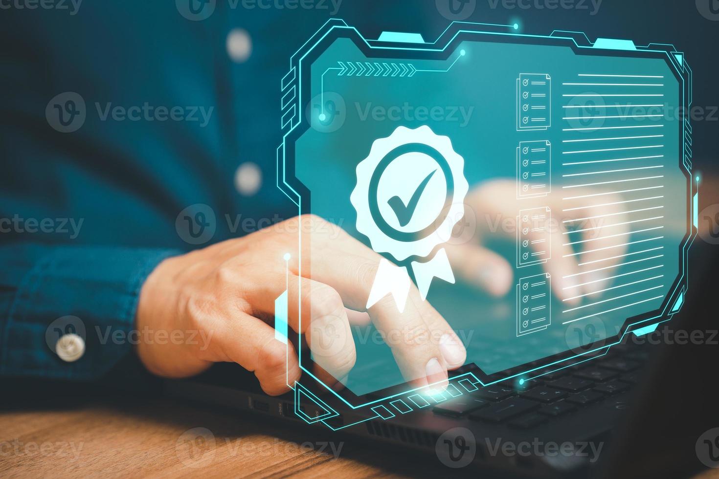 Businessman working with sign of the top service quality assurance on virtual screen. Guarantee, Standards, ISO certification and standardization concept. photo