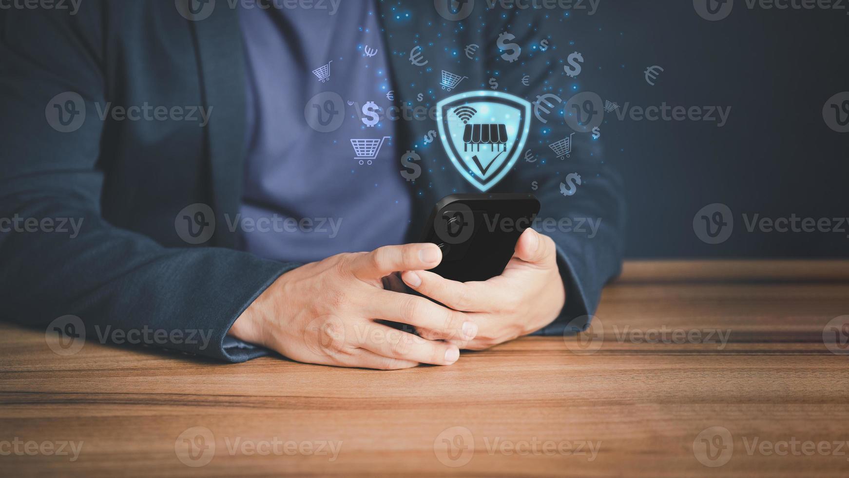 Adult man using a smartphone order in online store, shopping on internet, concept mobile smart phone app. photo