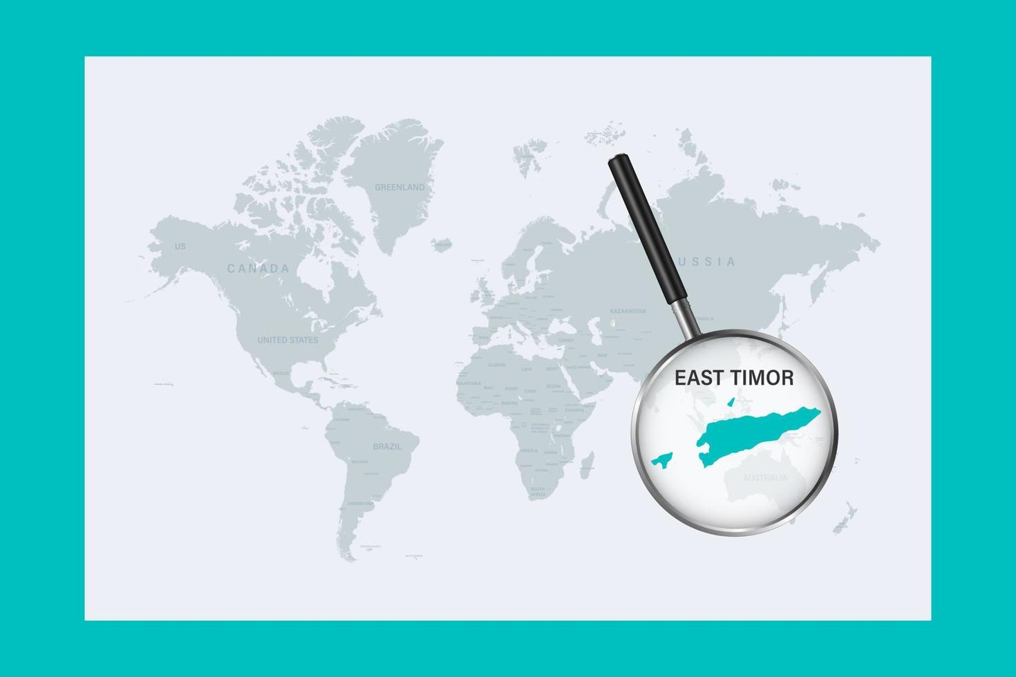 Map of East Timor on political world map with magnifying glass vector