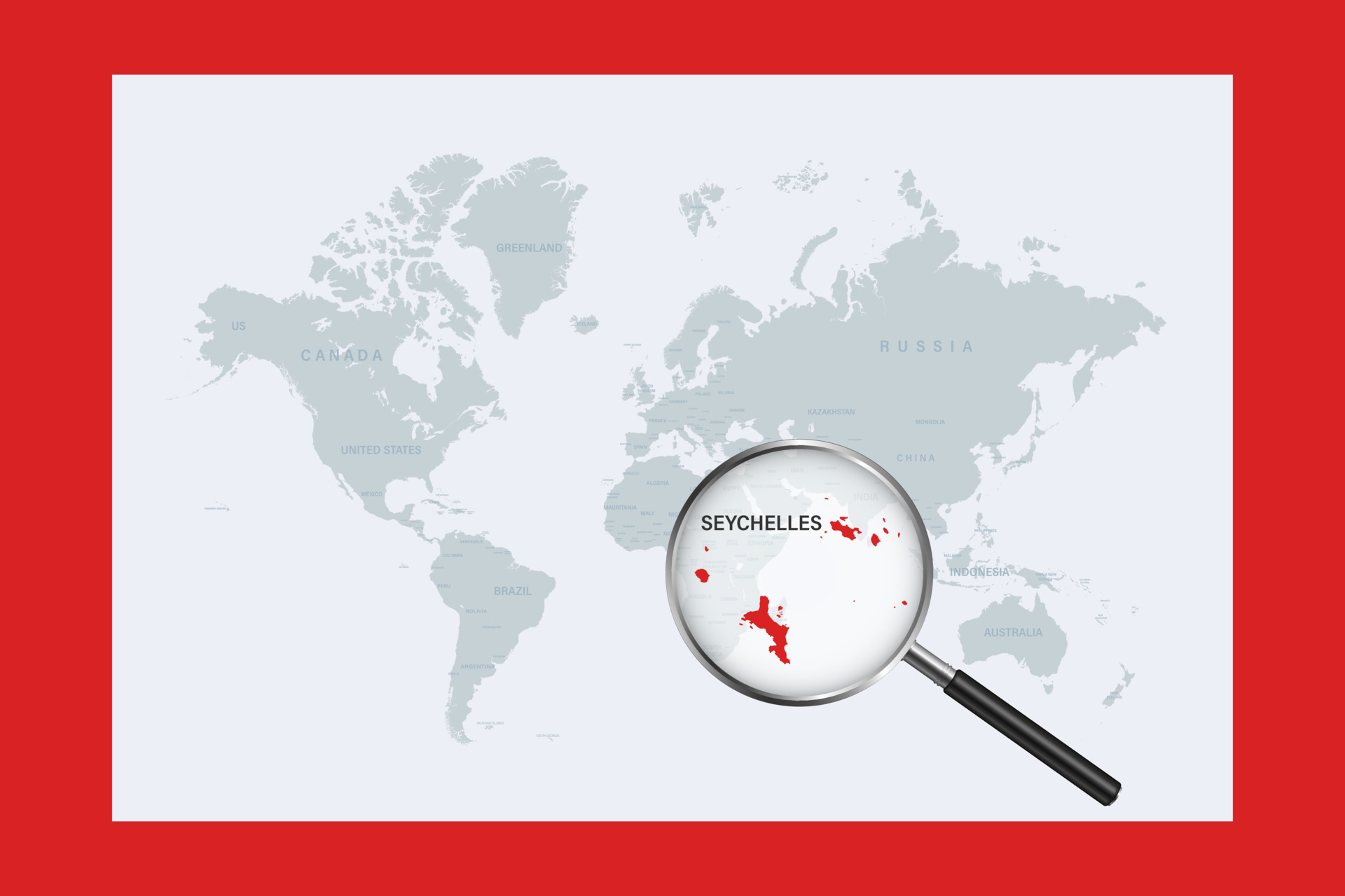 Map of Seychelles on political world map with magnifying glass 12528542