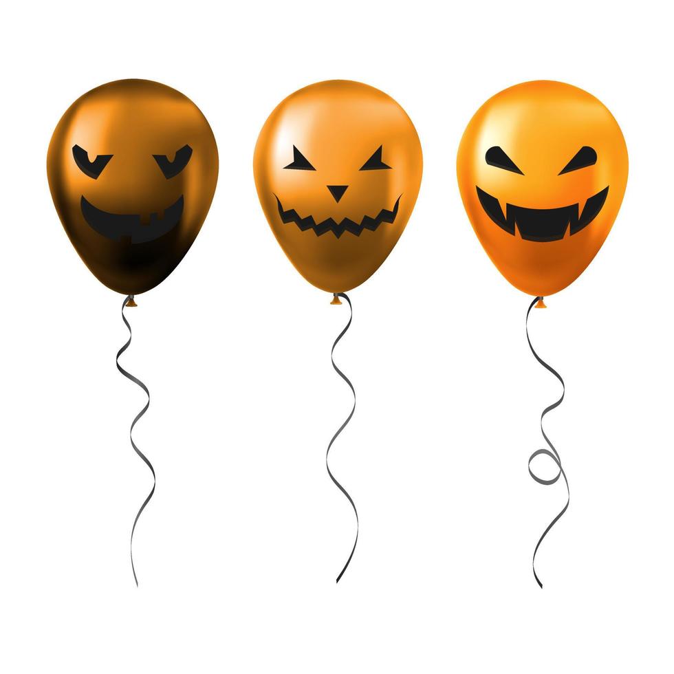 Set of Halloween orange balloons with scary and funny faces vector