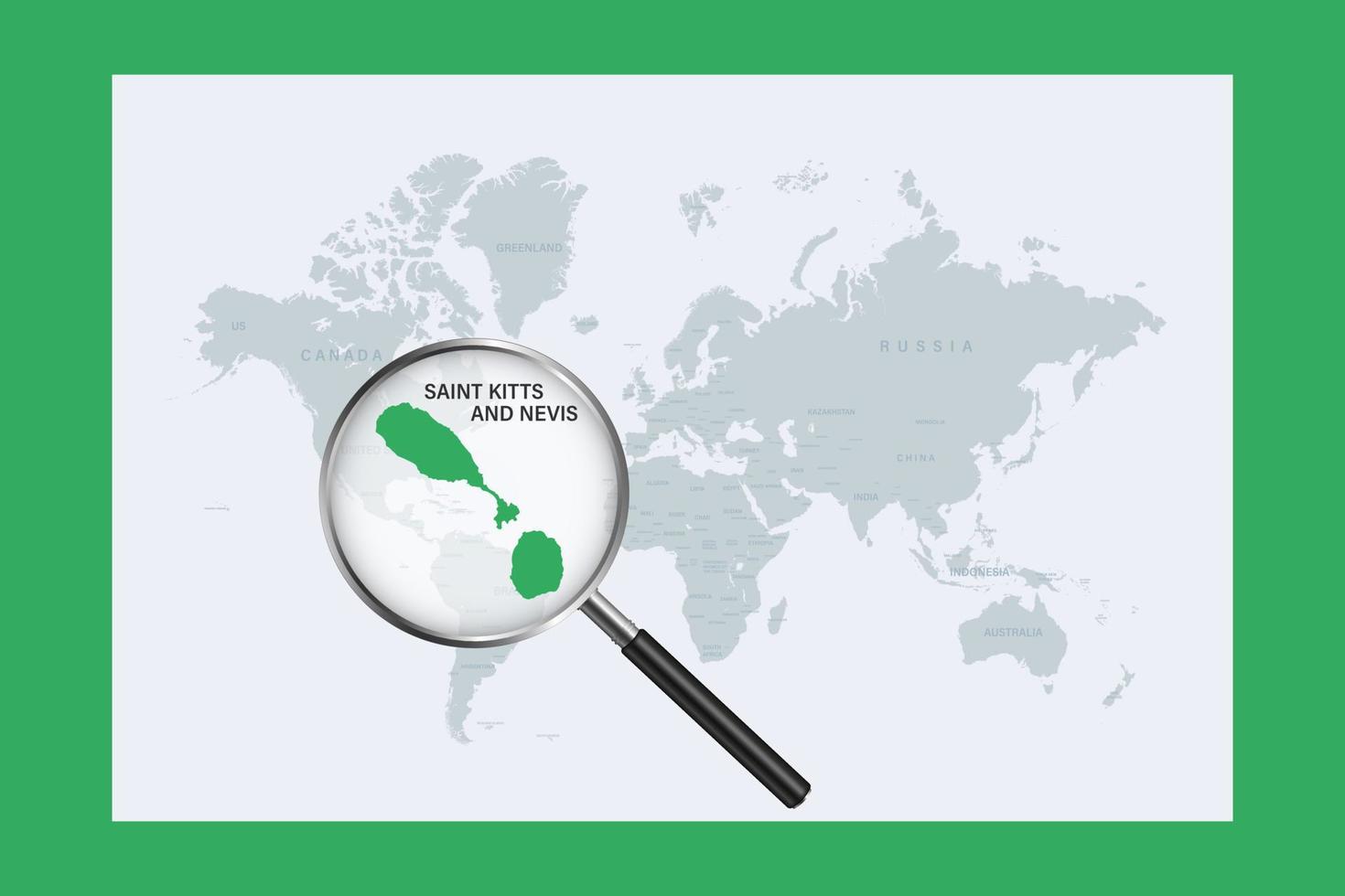 Map of Saint Kitts and Nevis on political world map with magnifying glass vector