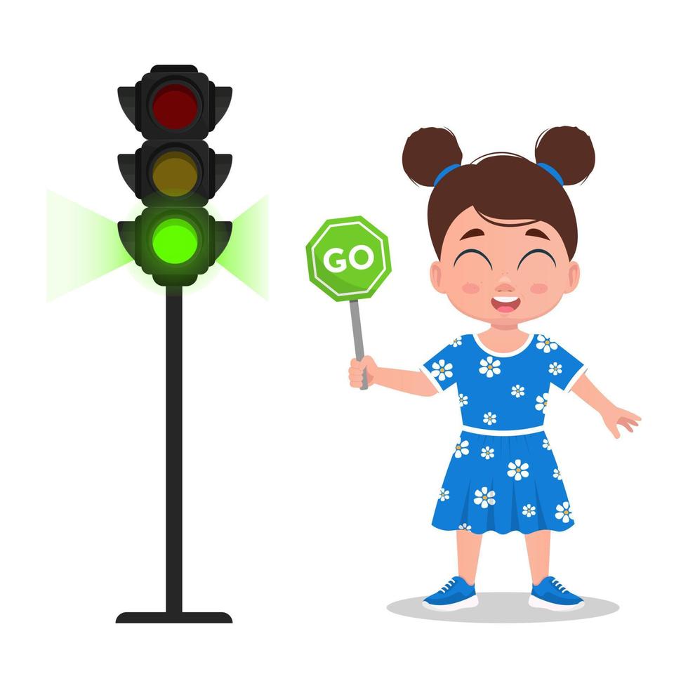 Girl with a sign to go. The traffic light shows a green signal vector