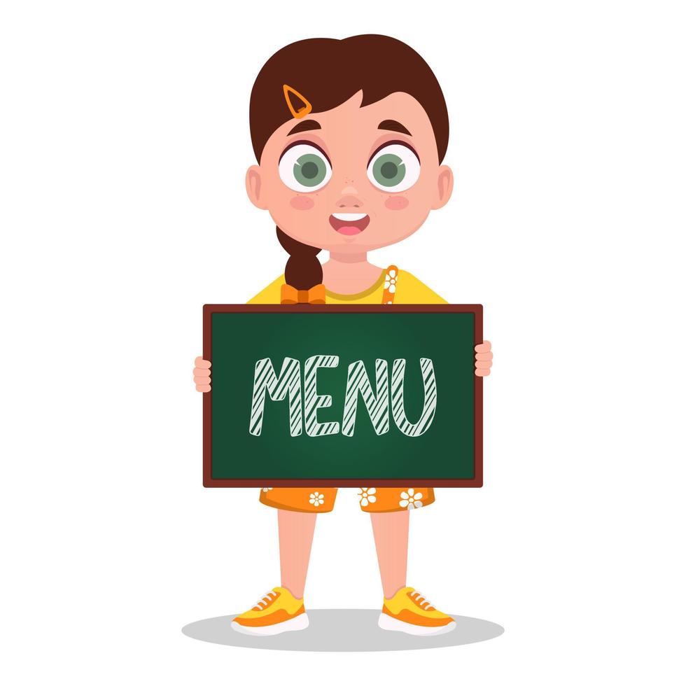 The girl is holding a small board, the inscription Menu vector