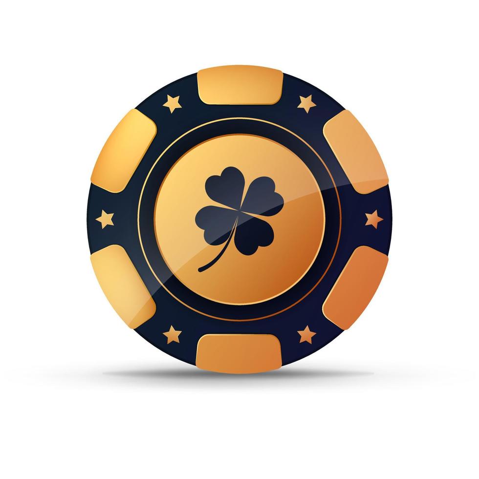 Golden poker chip, lucky clover vector